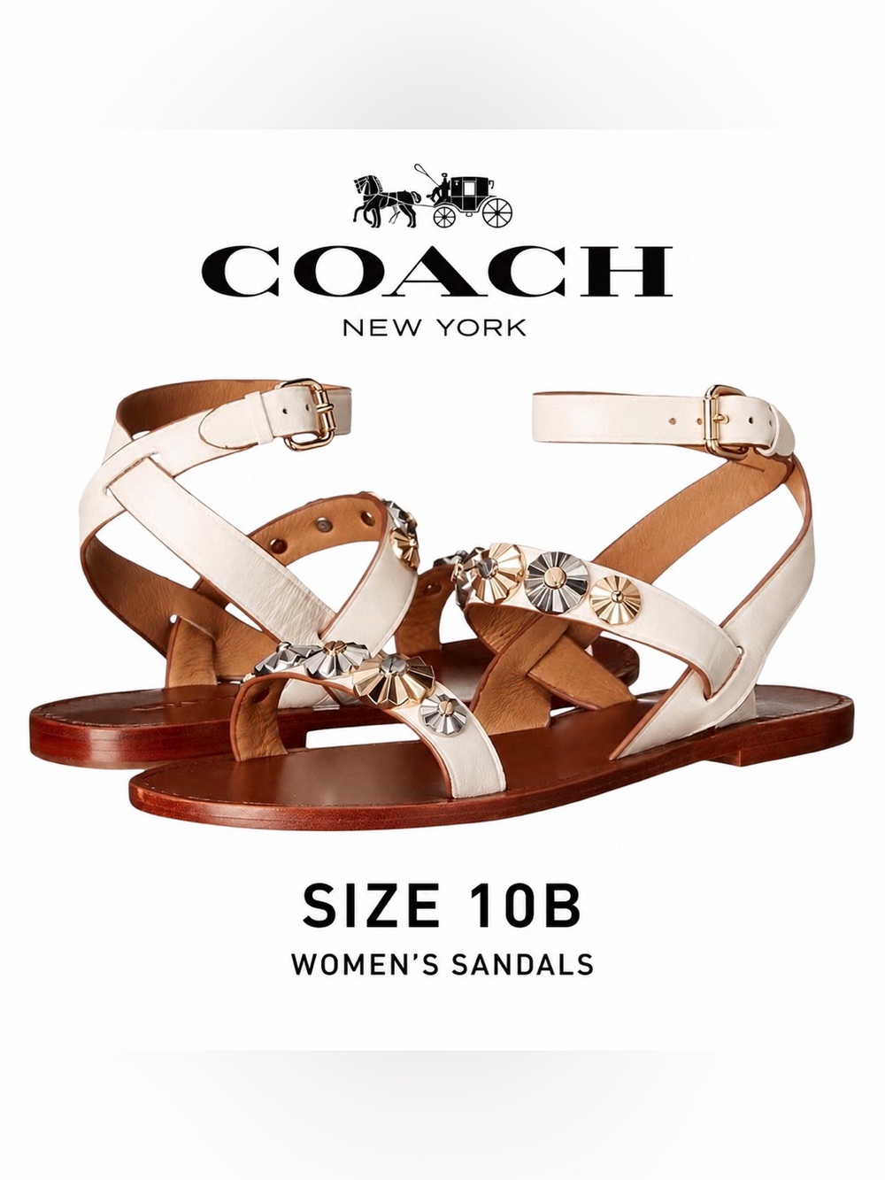 Coach Eleanor Studded Leather Flat Sandals Ivory/Cream Women’s Size 10B
